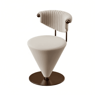 A contemporary chair featuring a unique conical pedestal base in a bronze-toned metallic finish, supporting a circular, upholstered seat. The chair's backrest is distinctly curved with vertical channel tufting, also upholstered in a light cream or off-white fabric. The backrest is connected to the base by slender, dark metallic rods, adorned with small spherical metallic finials at its ends. The overall design is elegant and modern, with luxurious details. — 3D model (AI enhanced source)