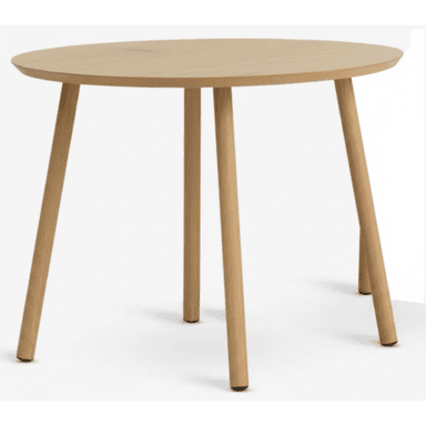 A round, light-colored wooden side table with three tapered legs. The table has a smooth, matte finish and a minimalist design. — 3D model (AI enhanced source)