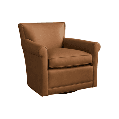A classic-style swivel armchair upholstered in a warm brown leather, featuring distinct rolled arms, a tight back, and a loose seat cushion with piped edges. The chair rests on a hidden swivel mechanism, allowing for full rotation. — 3D model (AI enhanced source)