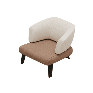 A compact, contemporary upholstered tub chair featuring a two-tone design with a beige/cream back and armrests, and a brown/taupe seat, supported by dark, tapered legs. — 3D model (AI enhanced source)