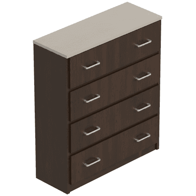 A tall, narrow chest of drawers featuring a dark brown wood-grain laminate finish, a contrasting light gray top surface, and four drawers each equipped with a silver-toned metal bar pull handle. The design is clean and contemporary with a simple silhouette and a recessed toe kick. — 3D model (AI enhanced source)