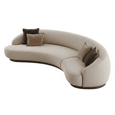 A contemporary curved sectional sofa upholstered in a light beige textured fabric, featuring a low-profile dark wooden base and accessorized with multiple brown and grey accent cushions. — 3D model (AI enhanced source)