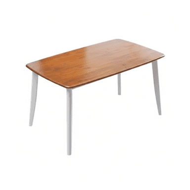 A modern rectangular dining table featuring a warm brown wooden tabletop with softly rounded corners and four contrasting white, tapered legs. The table has a clean, minimalist aesthetic suitable for contemporary interiors. It appears new and in excellent condition, presented against a plain white background. — 3D model (AI enhanced source)