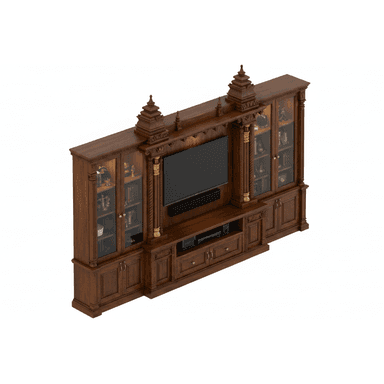 A large, ornate traditional entertainment wall unit crafted from dark-stained wood. It features a central compartment designed to house a television, flanked by two tall display cabinets with glass doors. The unit includes multiple drawers and lower enclosed cabinets for storage. Decorative elements consist of intricate carvings, fluted columns with gilded accents, and prominent finials on the top, contributing to a grand and classical aesthetic. — 3D model (AI enhanced source)