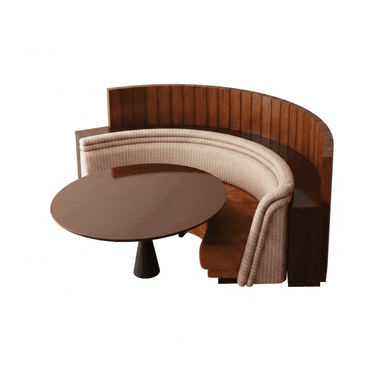 A semi-circular, multi-person booth seating unit featuring a high, slatted wood backrest and a two-tone upholstered bench. An integrated circular table with a dark wooden top and a conical black base is attached to the unit. The upholstery consists of a light patterned fabric for the outer curve and a solid, warm-toned fabric for the inner seating surface. — 3D model (AI enhanced source)