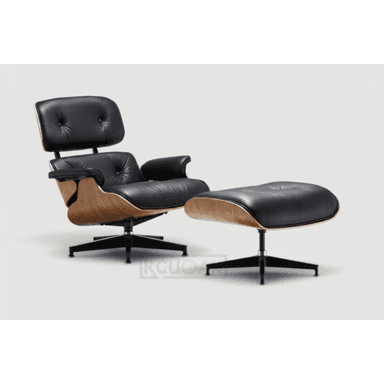 An iconic black leather and bent plywood lounge chair with a matching ottoman, characteristic of mid-century modern design. — 3D model (AI enhanced source)