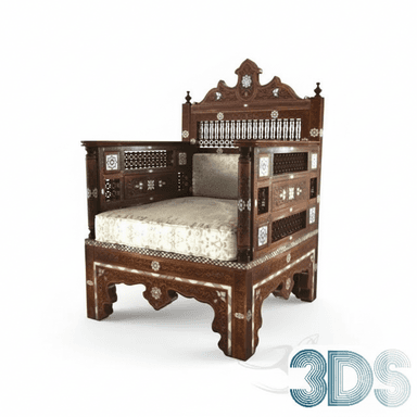 An ornate armchair crafted from dark wood, extensively decorated with intricate carving and mother-of-pearl inlay, featuring a high, shaped backrest and enclosed armrests, and fitted with a light-colored patterned cushion. — 3D model (AI enhanced source)