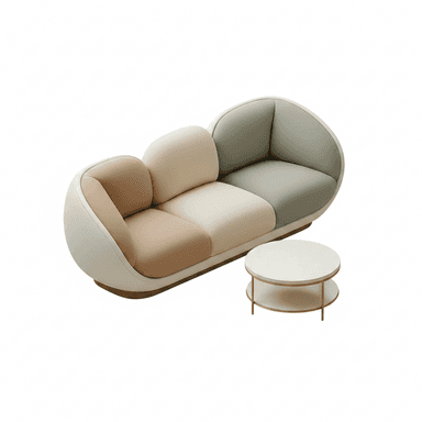 A contemporary biomorphic upholstered sofa featuring a multi-toned fabric palette and fluid, curvilinear forms, accompanied by a small round coffee table. — 3D model (AI enhanced source)