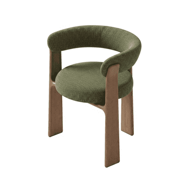 An upholstered dining armchair featuring a curved backrest and integrated armrests, supported by a solid wooden frame. — 3D model (AI enhanced source)