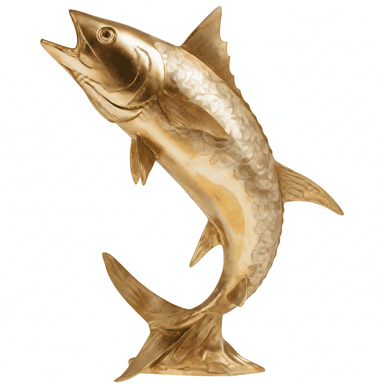 A decorative sculpture depicting a fish in a dynamic, mid-leap posture, crafted from polished golden metal, with detailed scales and an open mouth, resting on a small, integrated base. — 3D model (AI enhanced source)