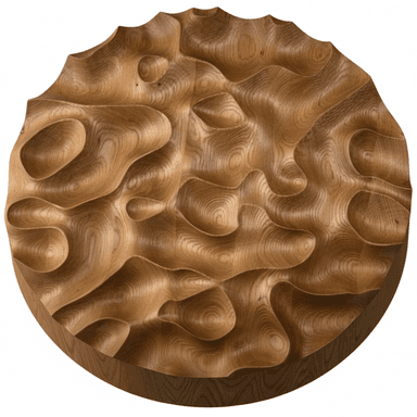 A circular, thick wooden tabletop featuring an intricately carved, undulating, and organic topographic pattern across its entire top surface. The deep carvings create a three-dimensional landscape effect, highlighting the natural grain of the light brown wood. The sides of the tabletop are smooth, displaying the rich texture and color variations of the wood, and the overall form suggests a robust, artisanal piece designed to be the focal point of a small table. — 3D model (AI enhanced source)
