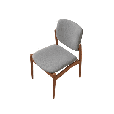 An armless dining chair with a visible solid wood frame and upholstered seat and back. The wood has a warm, medium-brown tone, and the upholstery is a light gray fabric. The chair features a minimalist design with tapered legs and a gently curved backrest, characteristic of Scandinavian or Mid-Century Modern aesthetics. The frame appears sturdy with clean lines. — 3D model (AI enhanced source)