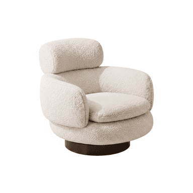 An off-white bouclé swivel lounge chair, featuring a rounded, plush silhouette with a distinct separate headrest or lumbar pillow. The chair sits on a dark, circular wooden or wood-finished swivel base. — 3D model (AI enhanced source)