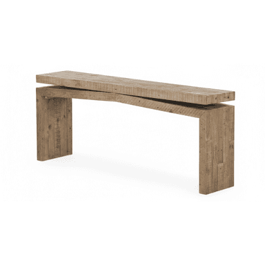 A long, narrow console table constructed from planks of reclaimed wood, featuring a distinctive layered tabletop and an architectural base with a subtly angled central support. — 3D model (AI enhanced source)