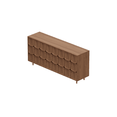 A long, low, rectangular credenza crafted from wood with a visible grain, likely walnut. The front features multiple sections of sculpted, curvilinear doors or panels, creating a repetitive pattern. The credenza rests on four slender, cylindrical metal legs. — 3D model (AI enhanced source)