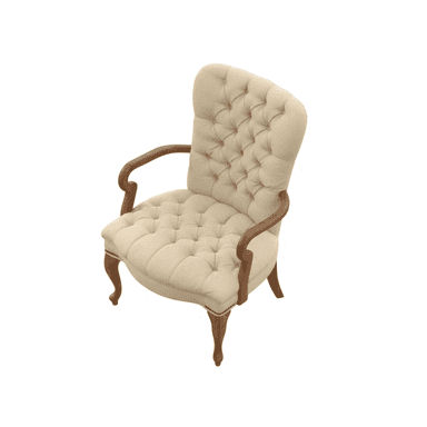 A tufted armchair with a high back and wooden armrests. The chair has a classic design with carved wooden legs. — 3D model (AI enhanced source)
