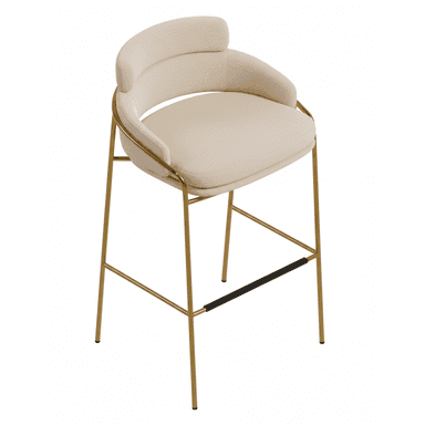 A modern bar stool featuring a padded upholstered seat and a curved backrest, supported by a slender gold-finished metal frame. It includes a black footrest bar for comfort. — 3D model (AI enhanced source)