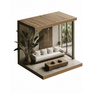 A contemporary low-profile sofa featuring a prominent light-toned wooden frame and clean, white fabric cushions. The design is minimalist, with a continuous seat cushion and several loose back pillows, making it suitable for modern lounge areas or covered outdoor spaces. — 3D model (AI enhanced source)