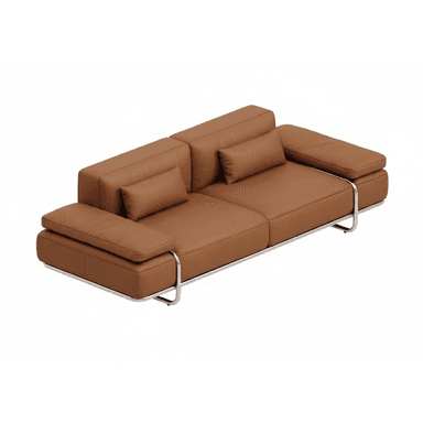 A modern sofa with clean lines, featuring cognac leather upholstery and a polished metal frame that forms the base and track arms. It includes two seat cushions, two back cushions, and two matching lumbar pillows. — 3D model (AI enhanced source)
