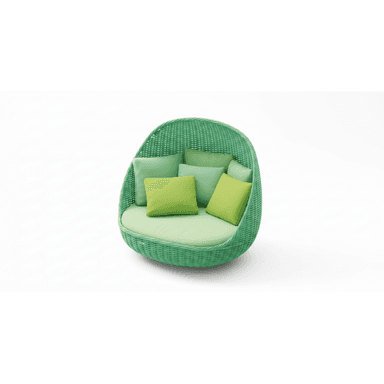 A vibrant green outdoor pod daybed featuring a durable woven synthetic rattan frame, shaped into a semi-enclosed, cocoon-like structure. The interior is fitted with a round base cushion and several throw pillows in varying shades of light green, providing plush comfort. The design suggests a contemporary and relaxed aesthetic, suitable for outdoor lounging. — 3D model (AI enhanced source)