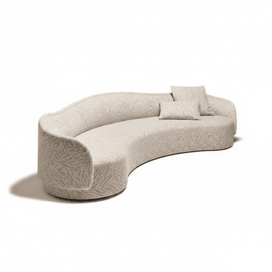 A contemporary curved sofa, fully upholstered in a light-colored patterned fabric, featuring a continuous backrest and armrests, and accompanied by two matching throw pillows. — 3D model (AI enhanced source)