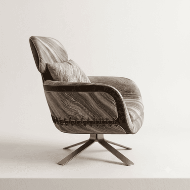 A contemporary swivel lounge chair featuring a curved silhouette, upholstered in a marbled or streaked fabric with dark brown trim and decorative lacing details, supported by a bronze-finished four-star base. — 3D model (AI enhanced source)