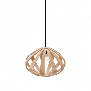 A modern pendant light featuring a shade constructed from curved, light-colored wood strips forming an open, spherical cage around a central light bulb, suspended by a black cord. — 3D model (AI enhanced source)