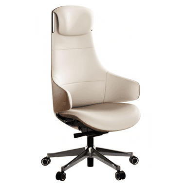 A high-back executive office chair featuring two-tone leather upholstery. The main body is cream/off-white leather, with brown leather accents on the lower back and armrests. It has a contoured design, integrated padded armrests, and rests on a five-star metallic base with black caster wheels. — 3D model (AI enhanced source)