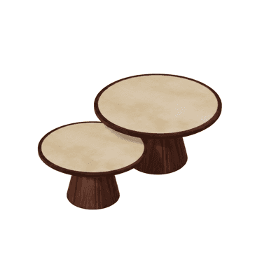 A set of two round tables, one larger than the other, featuring solid pedestal bases crafted from dark wood, topped with lighter, possibly cream-colored surfaces. The tables are designed to be nested, demonstrating a minimalist and contemporary aesthetic. — 3D model (AI enhanced source)