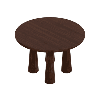 A round coffee table made from dark brown wood, featuring a thick circular top supported by three robust, tapered legs. Each leg widens towards the bottom, where it is finished with a subtle ring detail. The overall design is minimalist and sculptural. — 3D model (AI enhanced source)