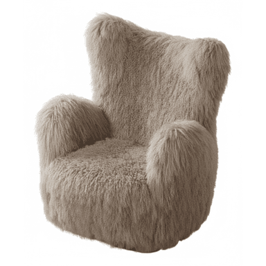 A plush, high-backed armchair upholstered in a textured, shaggy, light brown material. The chair features rounded armrests and a seat cushion, all covered in the same long-haired material. The overall form is somewhat organic, with a continuous flow of the upholstery over the frame. The back has a distinctive shape with two ear-like protrusions at the top. — 3D model (AI enhanced source)