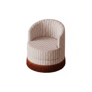 A round, upholstered accent chair with a curved backrest and armrests integrated into the seat. The chair is covered in a fabric with a repeating chevron or feather-like pattern in neutral tones. A decorative fringe in a dark brown or rust color encircles the base of the chair. — 3D model (AI enhanced source)