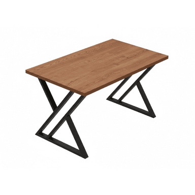 A rectangular table featuring a light to medium brown wood-grain tabletop supported by a distinctive black angular metal base, forming an X-shape on each end. — 3D model (AI enhanced source)