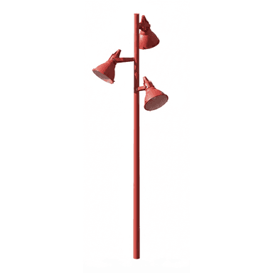 A tall, slender pole supporting three adjustable cone-shaped lamps arranged vertically. The lamps are oriented outwards and downwards, each featuring a wide, flared metal shade with an exposed bulb socket. The pole and lamp fixtures are a uniform, vibrant red color, suggesting a durable metal construction suitable for outdoor or industrial settings. The joints at the lamps allow for articulation, enabling directional lighting. — 3D model (AI enhanced source)