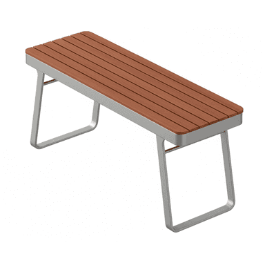 A modern bench featuring a rectangular seating surface composed of parallel wooden slats, supported by a minimalist, U-shaped metal frame. The design is sleek and contemporary, with clean lines and a combination of natural wood tones and a silver-grey metal finish. — 3D model (AI enhanced source)
