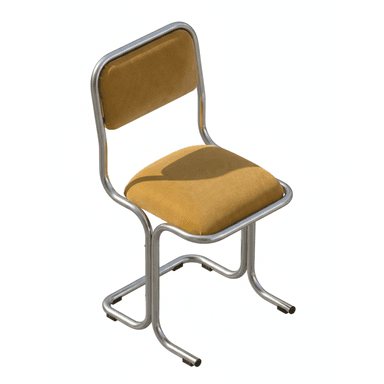 A vintage-inspired cantilever chair featuring a continuous tubular metal frame and separate upholstered seat and back pads. The frame is polished metal, likely chrome-plated steel, forming a sled base. The upholstery is a mustard yellow fabric, possibly velour or velvet, providing a soft contrast to the rigid frame. — 3D model (AI enhanced source)