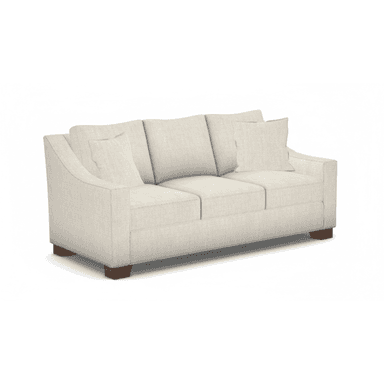 A contemporary three-seater sofa, upholstered in a light-colored, textured fabric, likely off-white or cream. It features broad track arms, three separate seat cushions, and three loose back cushions, along with two smaller accent pillows. The sofa rests on low, rectangular dark wood block feet. — 3D model (AI enhanced source)