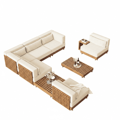 A modular outdoor sofa set featuring a sectional sofa, an armless chair, and a coffee table. The furniture pieces have a modern design with light-colored upholstered cushions and a slatted wooden base and frame. The coffee table also features a slatted wooden surface. The sectional sofa is configured in an L-shape. — 3D model (AI enhanced source)