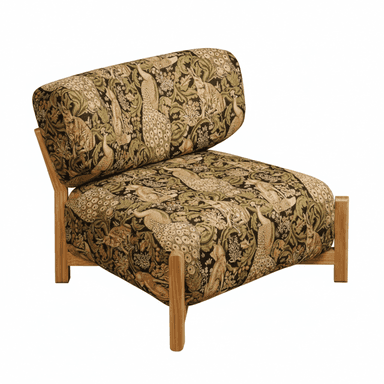 An armless lounge chair with a low-profile design, featuring a sturdy light wood frame and plush upholstered cushions. The fabric displays an intricate Arts and Crafts-inspired pattern of peacocks, hares, and dense foliage in shades of beige, green, and dark brown. The backrest cushion is separate from the base, angled for comfort, and the seat cushion forms a unified cube shape with the base frame. — 3D model (AI enhanced source)