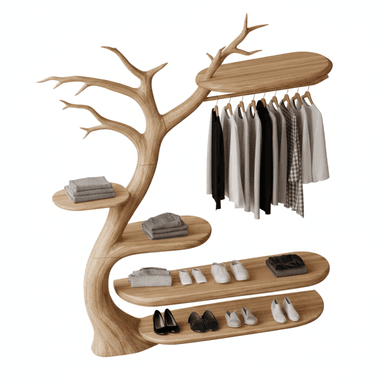 A unique coat rack designed to resemble a stylized tree. It features a central trunk with branches that extend to support shelves and a hanging rod. The shelves are organically shaped, with several levels designed to hold folded clothing and shoes. A horizontal rod, integrated into one of the upper branches, is used for hanging garments on hangers. The overall design is organic and whimsical, mimicking natural forms. — 3D model (AI enhanced source)