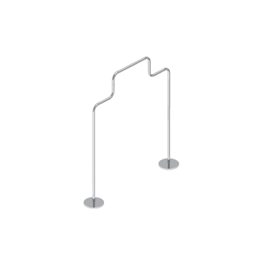 A minimalist, freestanding garment rack made of polished chrome or silver-toned metal, featuring a curved upper bar for hanging items and two vertical supports with flat circular bases. — 3D model (AI enhanced source)