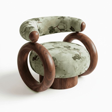 A contemporary lounge chair featuring a distinctive design with a rounded, upholstered seat and backrest, supported by large, circular wooden frames that also serve as armrests. The upholstery has a light green botanical pattern, and the wooden elements have a rich, dark grain. — 3D model (AI enhanced source)
