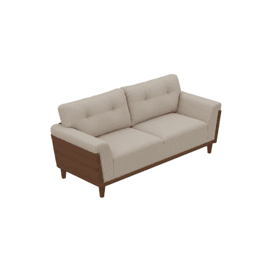 A contemporary two-seater sofa featuring a light beige fabric upholstery and an exposed medium-brown wood frame. The sofa has two seat cushions and two back cushions, with the back cushions featuring simple button tufting. The arms are slightly rolled and transition into the wooden frame, which extends along the front and sides and forms four tapered legs. — 3D model (AI enhanced source)