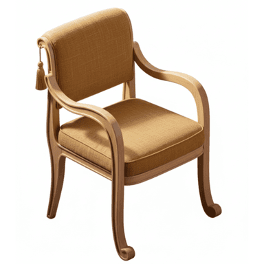 An elegant armchair featuring a light-toned wooden frame with graceful curves and a golden-tan upholstered seat and back. The design incorporates classic Neoclassical elements, such as scroll details on the front legs and armrests, and is accented with a decorative tassel. — 3D model (AI enhanced source)