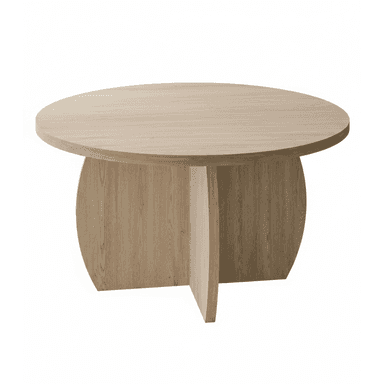 A contemporary round coffee table crafted from light-toned wood, featuring a circular tabletop and a distinctive segmented pedestal base. The base is composed of four curved, vertical panels that converge towards the center, providing a sturdy and visually appealing support structure. The wood exhibits a clear, natural grain, suggesting a light oak or similar species. The design is minimalist and modern, suitable for various interior settings. — 3D model (AI enhanced source)