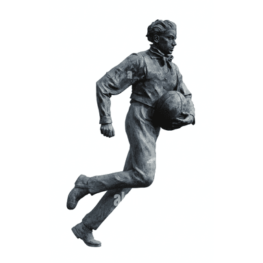 A bronze sculpture depicting a male figure in motion, appearing to be running with a rugby ball clutched in his arms. The figure is dressed in period clothing, including a collared shirt with a necktie or scarf, a waistcoat, and trousers, with boots on his feet. The surface exhibits a natural patina, suggesting age or an intentional weathered finish. The pose is dynamic, capturing a moment of intense physical activity, with one leg lifted high as if mid-stride. — 3D model (AI enhanced source)