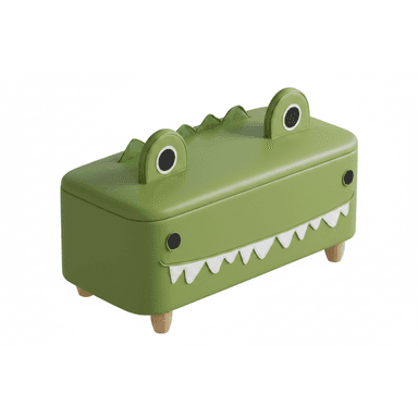 A green, rectangular children's storage ottoman designed to resemble a crocodile. It features a padded, upholstered lid, with a raised, serrated 'spine' detail along the top edge, and rounded 'eyes' on the lid's front. The body is adorned with black circular 'nostrils' or 'eyes' on the front, and a white, jagged 'mouth' detail. The unit stands on four short, splayed natural wooden legs. — 3D model (AI enhanced source)