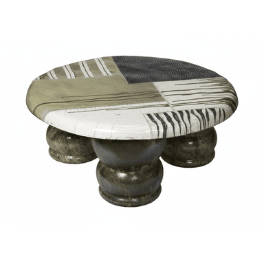 A low-profile coffee table with an oval, irregularly shaped top. The tabletop is segmented with various abstract patterns and stripes in earthy tones and black and white. The base consists of three bulbous, stacked pedestal-like legs, each with a segmented, bulbous form, finished in a dark, textured, glossy material. — 3D model (AI enhanced source)