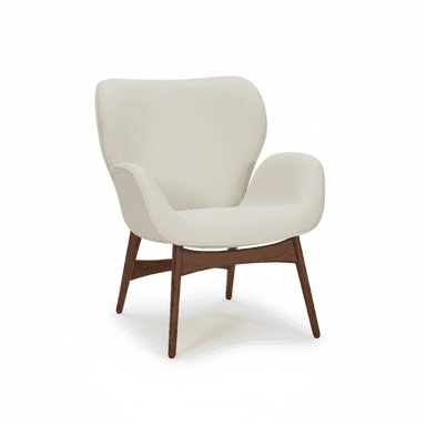 A modern organic lounge chair featuring a cream-colored upholstered shell with gentle curves and integrated armrests, supported by a dark walnut wooden base with four splayed legs. — 3D model (AI enhanced source)