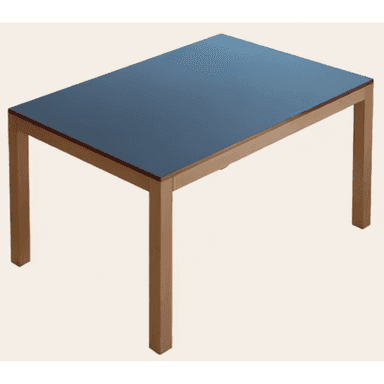 A rectangular table with a dark blue, possibly lacquered, top supported by four straight, light brown wooden legs. — 3D model (AI enhanced source)